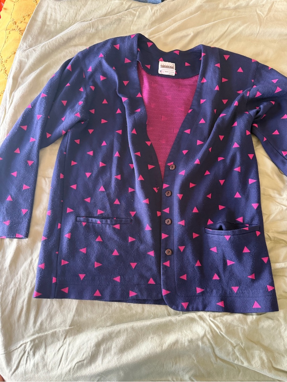 Navy Cardigan with Pink Triangle Print